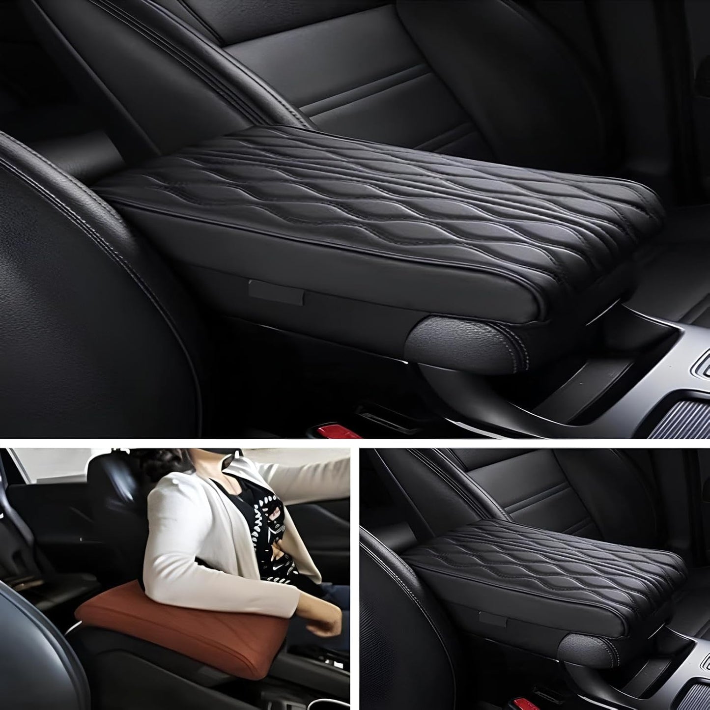 Leather Car Armrest Box Mat - 2023 New Waterproof Car Center Console Cover Mat, Universal Armrest Mat, Leather Car Armrest Cover for SUV/Truck/Vehicle (B-Black)