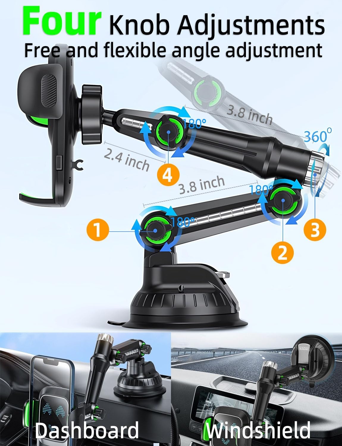 Phone Mount for Truck, Phone Holder for Truck, car Phone Holder,【Tri-Fold 10-inch Long arm】 for Pickup and Heavy Duty Truck and Large SUV Windshield/Dashboard, for iPhone Samsung LG&All Phones