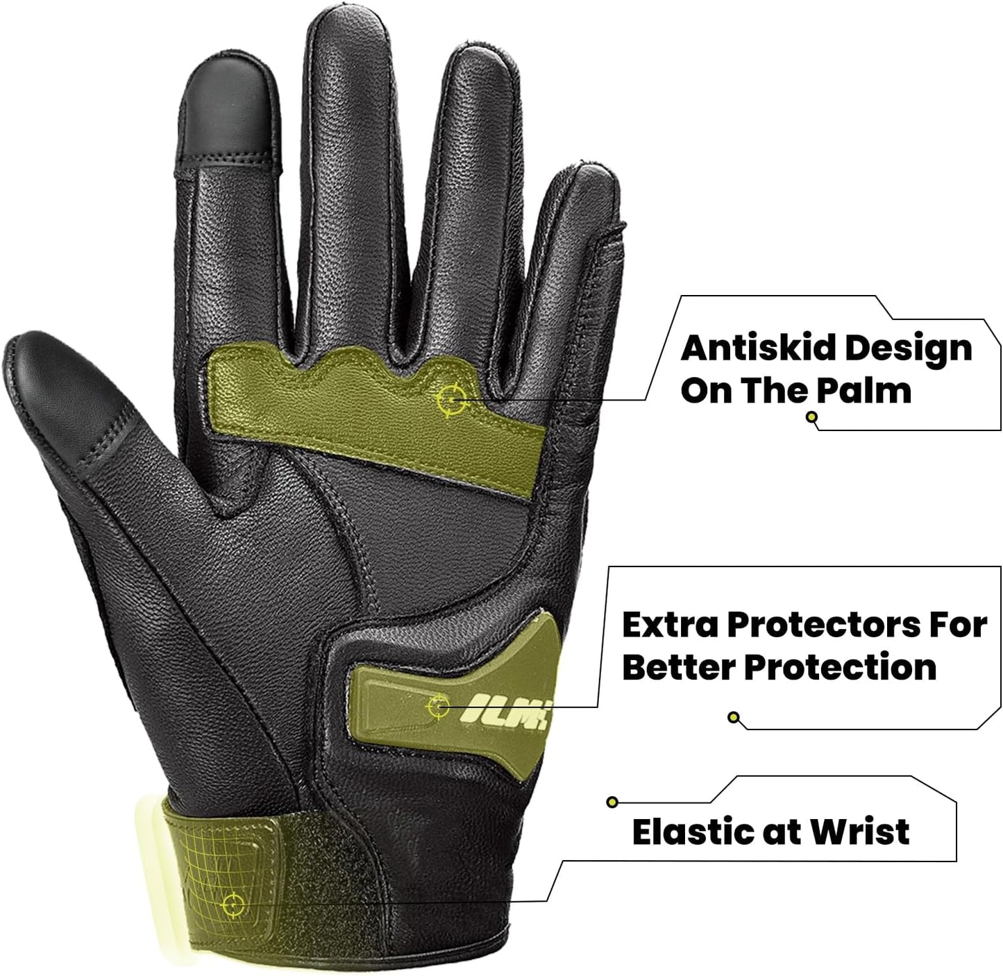 ILM Goatskin Leather Motorcycle Motorbike Powersports Racing Gloves Touchscreen for Men and Women Model DN01(S, Black Unperforated)