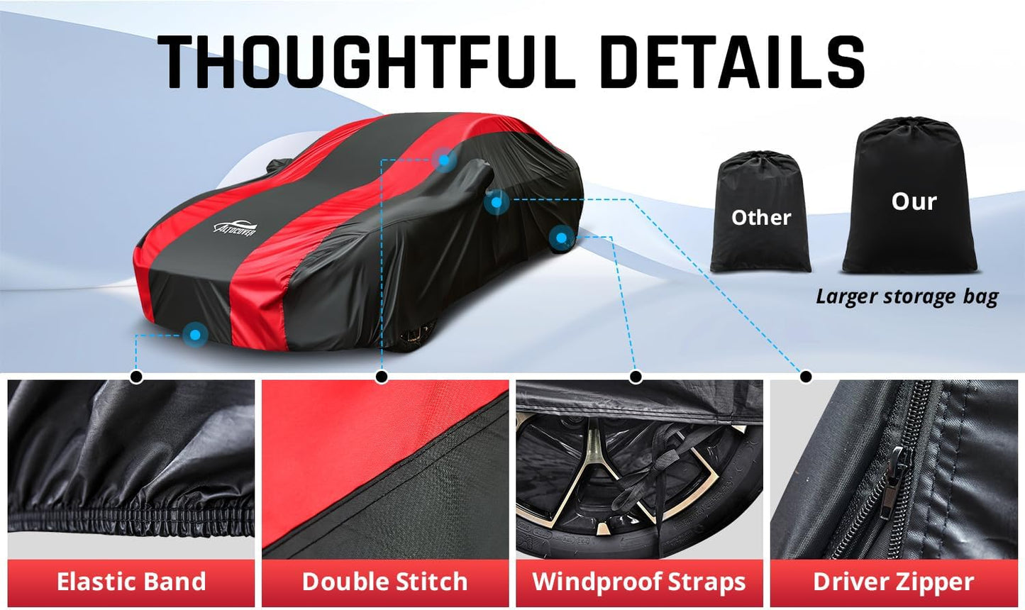 Waterproof Car Cover with Red Stripe Design,Outdoor/Indoor Car Cover for Automobiles All Weather Waterproof Universal Fit Audi A8L, Lexus LS500, Jaguar XJ,Benz S-Class