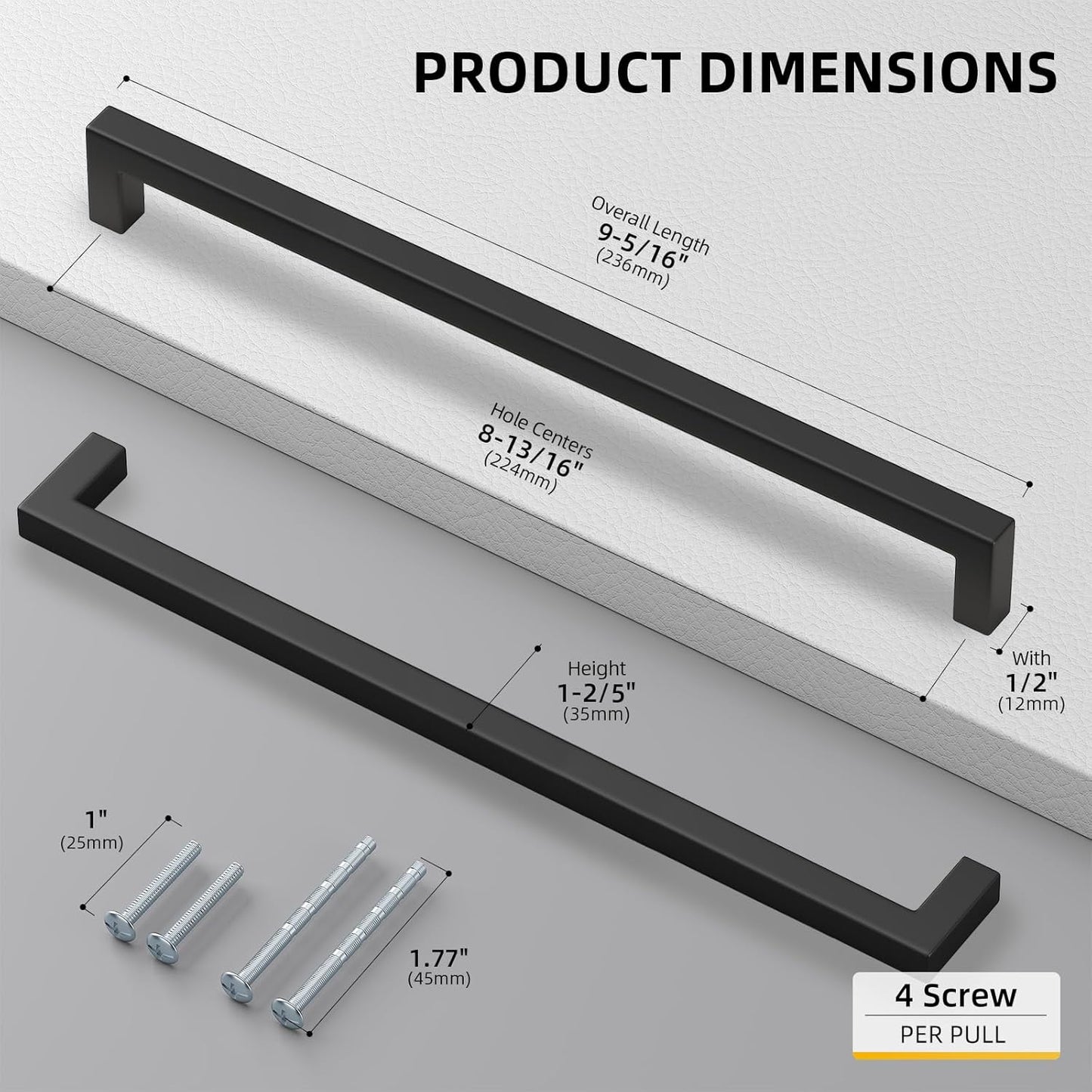 goldenwarm 200 Pack Black Square Bar Cabinet Pull Drawer Handle Stainless Steel Modern Hardware for Kitchen and Bathroom Cabinets Cupboard,Center to Center 8-4/5in(224mm)