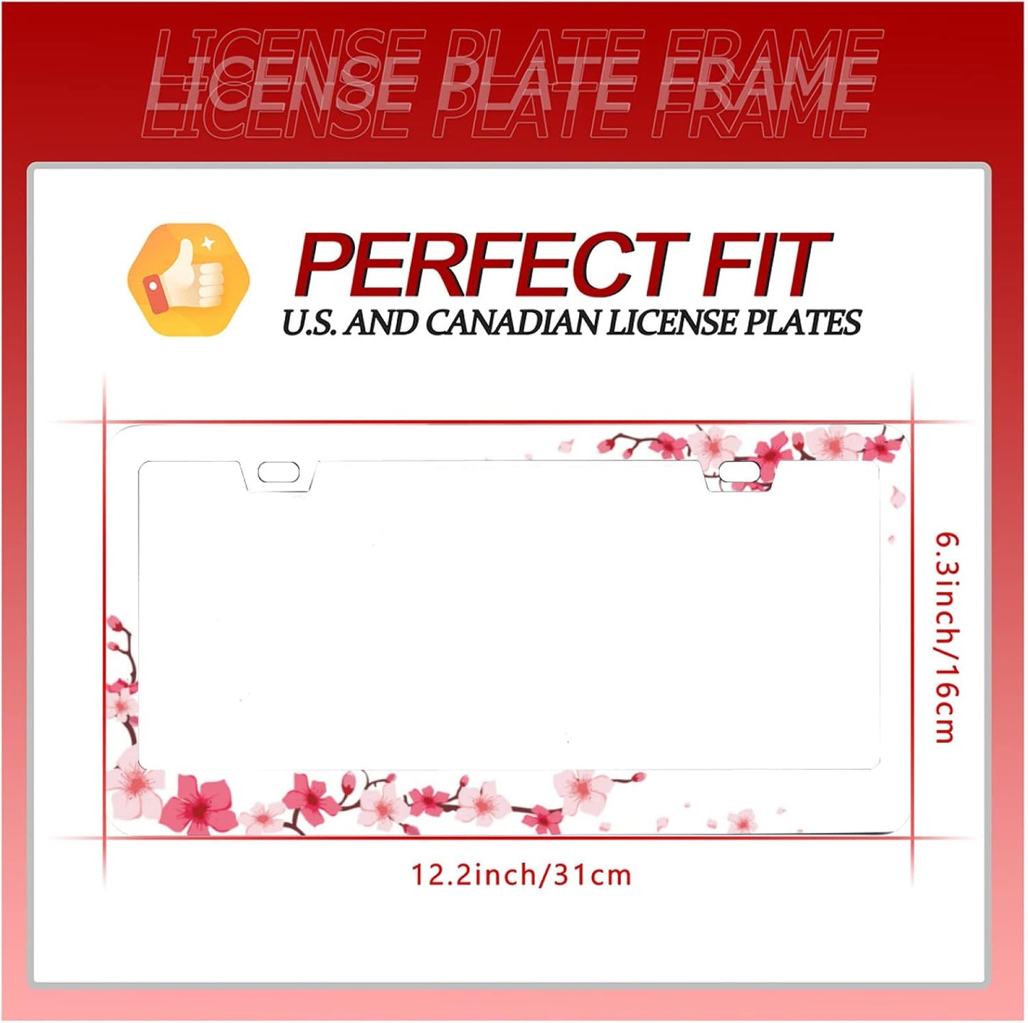 Personalise Beautiful Cherry Blossom License Plate Frame Floral Flowers License Plate Car Universal Stainless Steel Accessories Cars Decor 2 Holes Screws Fits Standard US Vehicles Size 12.2 x 6 Inch