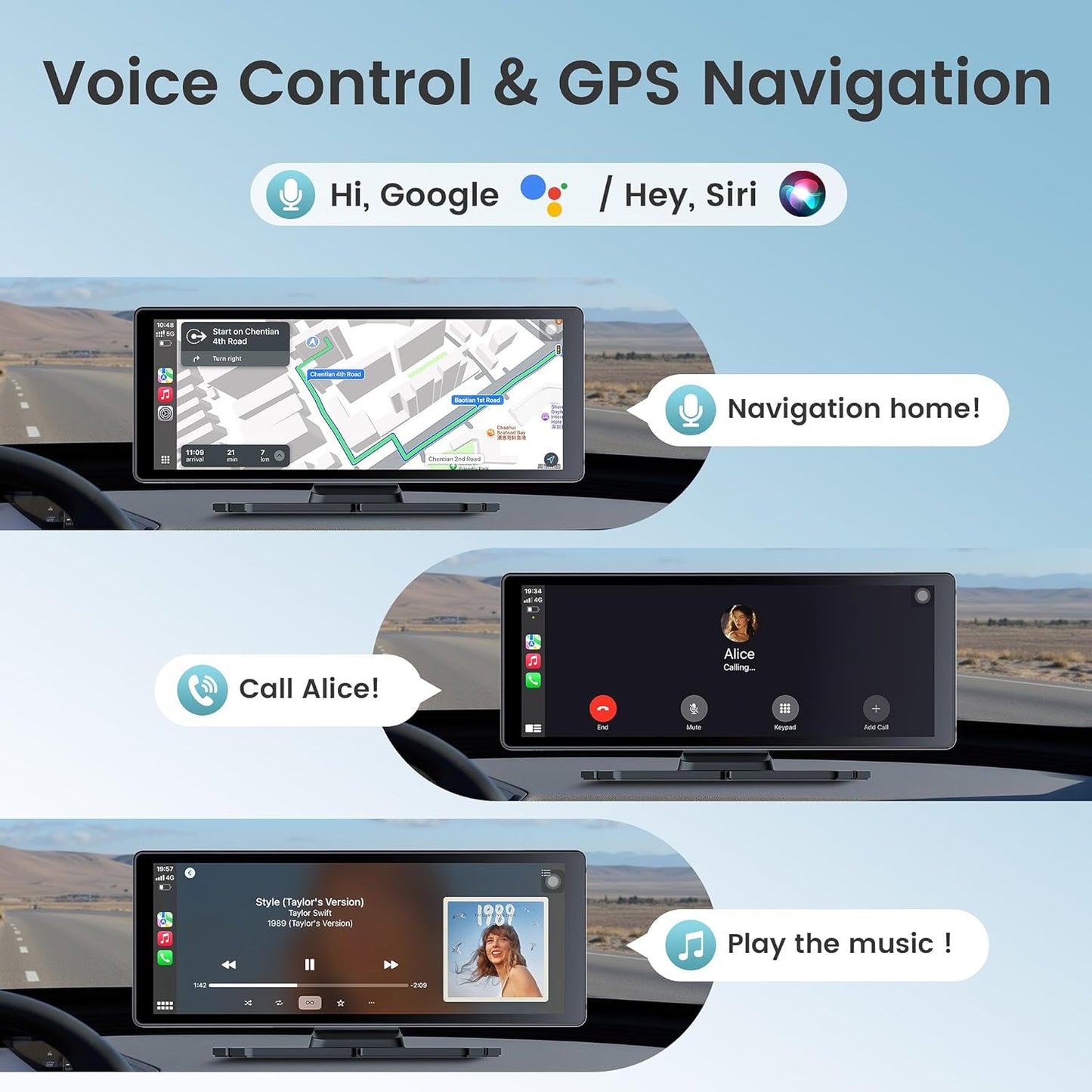 10.26" Carplay Screen for Car,4K Dash Cam,Portable Tablet for Apple Android Auto,Voice Touch Control GPS Navigation,Stereo Audio Radio,Rear Backup Camera,Bluetooth,Wireless Mirror for Truck