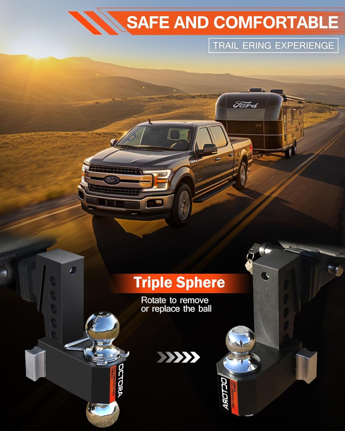 Adjustable Trailer Hitch (Fits 2-Inch Receiver) - Aluminum Tow Hitch with 6-Inch Drop/Rise for Truck (12,500 LBS GTW) - Double Anti-Theft Locking Hitch Pins (Black, 2.0inch-6Drop-Tri Ball)