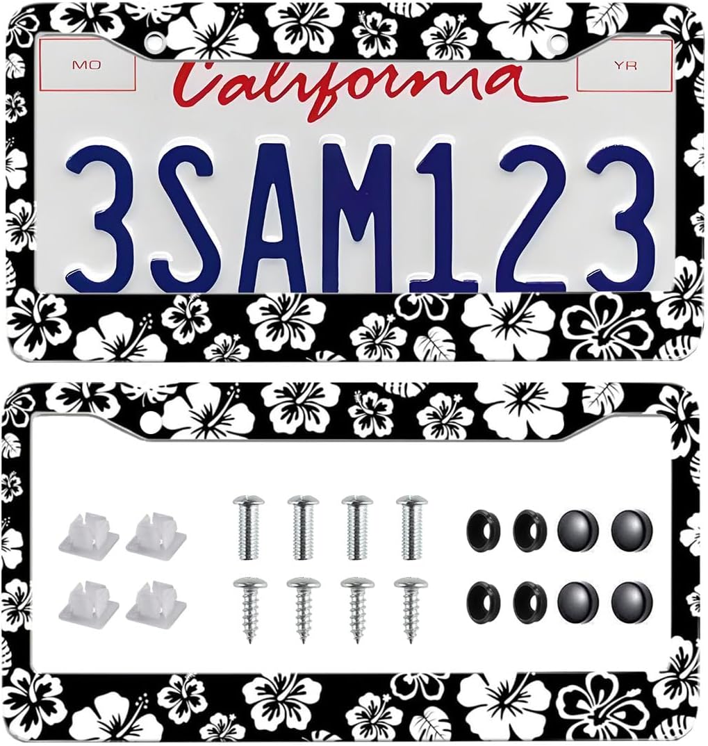 2 Pack Hibiscus License Plate Frame-Rustproof Aluminum White Hibiscus Floral Car Tag Holder Bracket for Women Men, Hibiscus Car Accessories with Screws Included