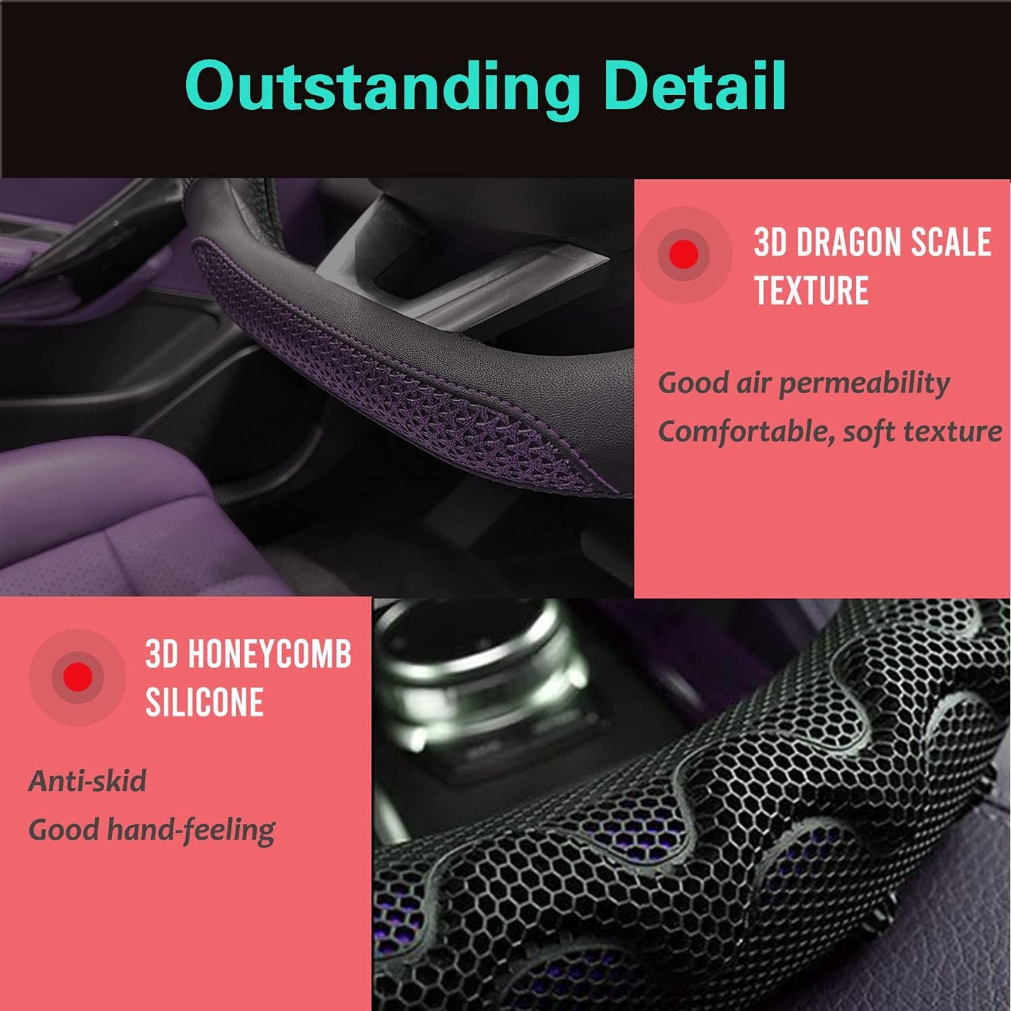 PINCTROT D Shaped 14.5-15 Inch Steering Wheel Cover Great Grip with 3D Honeycomb Anti-Slip Design, Flat Bottom 14.5-15 Inch (Purple)