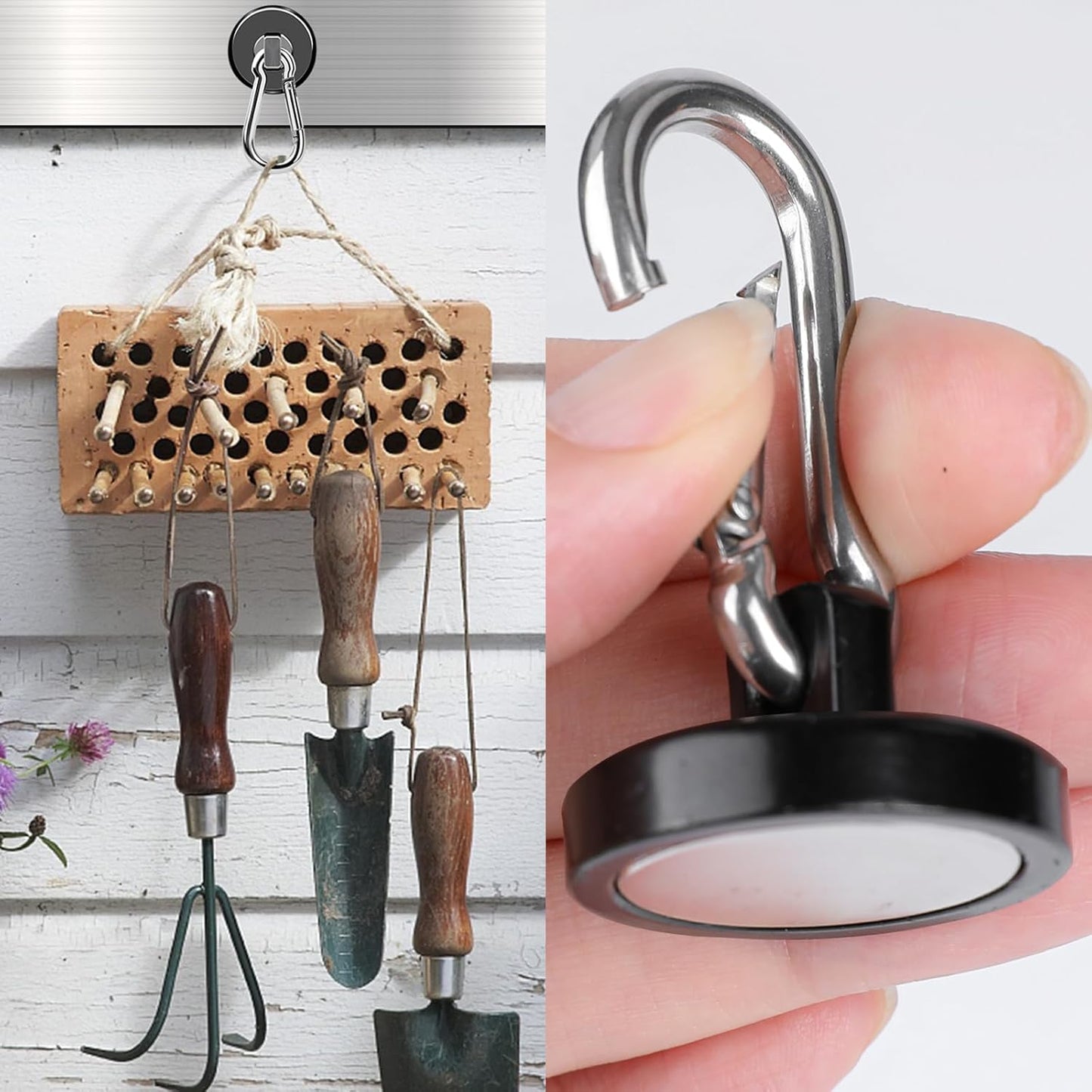 MIKEDE 6 Pack Strong Magnetic Hooks, 70LBS Pull Force Neodymium Magnetic Hooks Cruise Ship with Swivel Carabiner Hooks, Black Heavy Duty Magnets Hooks with Rings for Hanging, Grill, Refrigerator