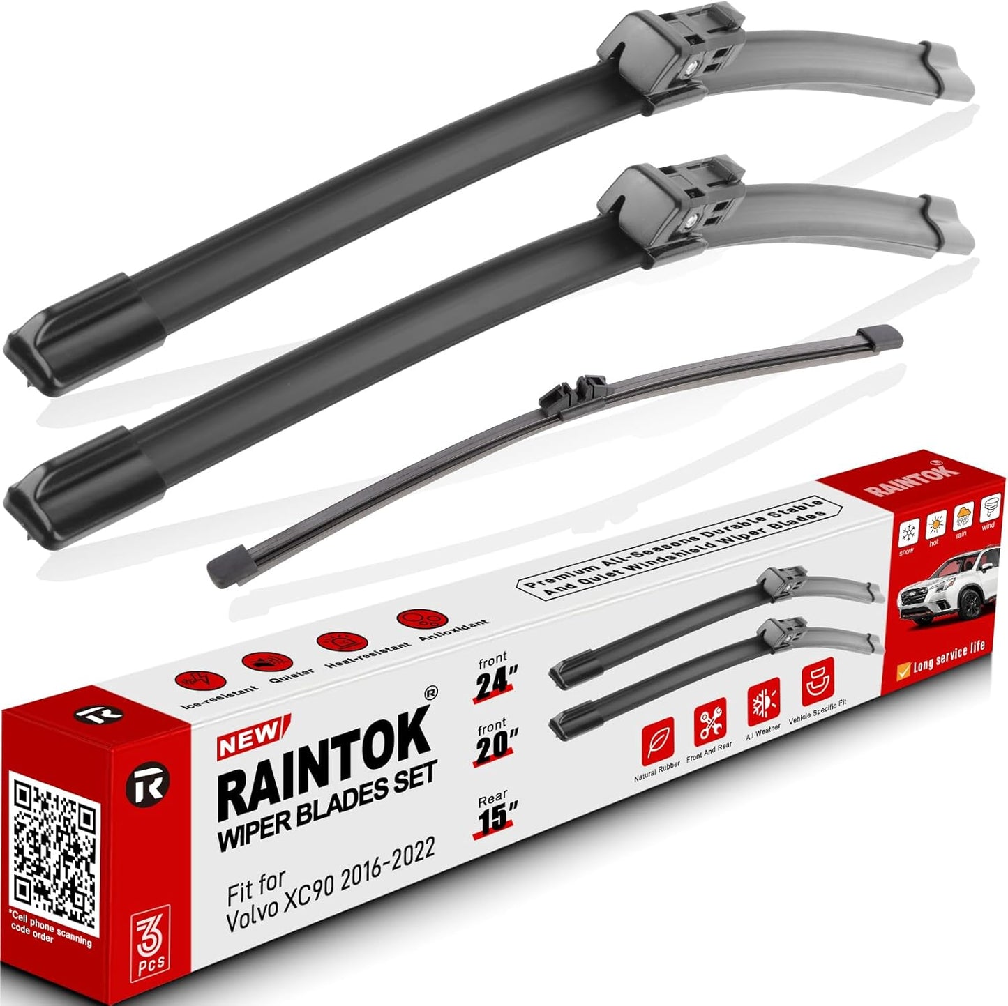 Windshield Wiper Blades Replacement for Volvo XC90 2016 2017 2018 2019 2020 2021 2022 Original Factory Quality Front Rear Wipers Blade Set for My Car - 24" 20" 15" (Pack of 3)