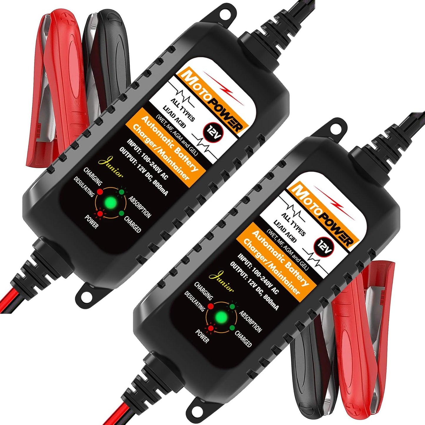 MOTOPOWER MP00205A 12V 800mA Automatic Battery Charger, Battery Maintainer, Trickle Charger, and Battery Desulfator, 2 Pack