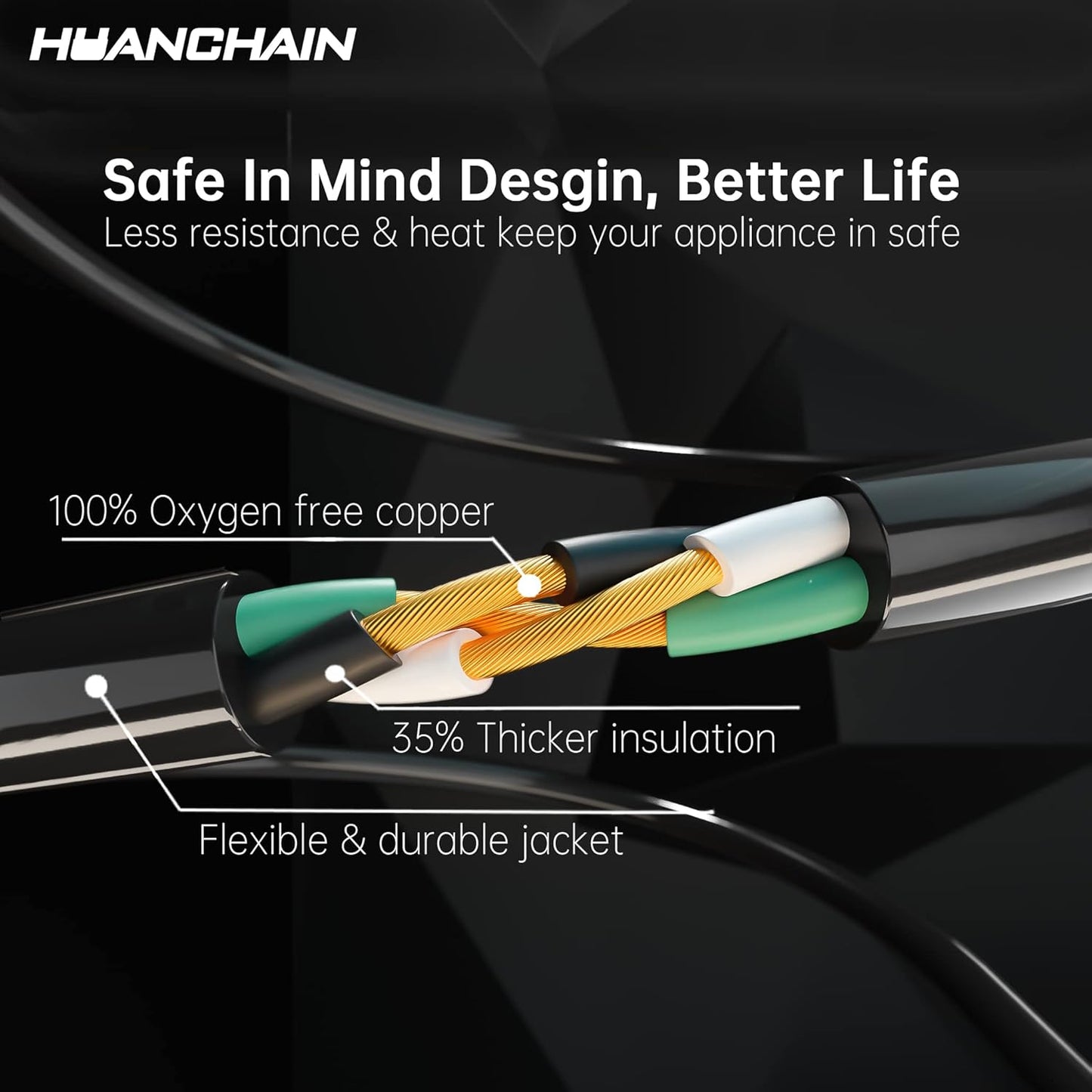 HUANCHAIN Indoor Outdoor Black Extension Cord 20 ft Waterproof, 16/3 Gauge Flexible Cold-Resistant Appliance Extension Cord Outside, 13A 1625W 16AWG SJTW, 3 Prong Heavy Duty Electric Cable, ETL