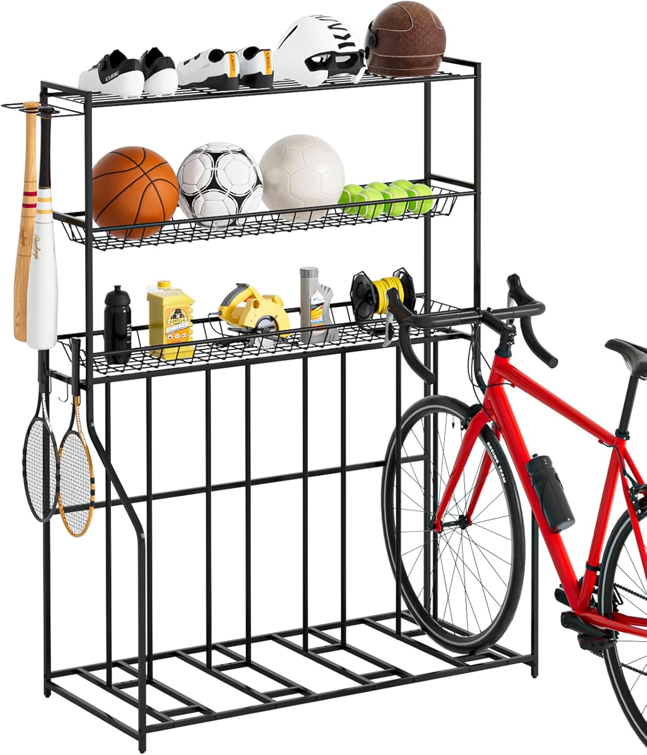 4 Bike Stand, Bike Rack Garage with 3-Tier Storage Rack, Bicycle Stand for Garage Organizer, Indoor Sporting Gear Storage Station for Mountain/Road/Hybrid & Fat Tire Bike, Patent Pending