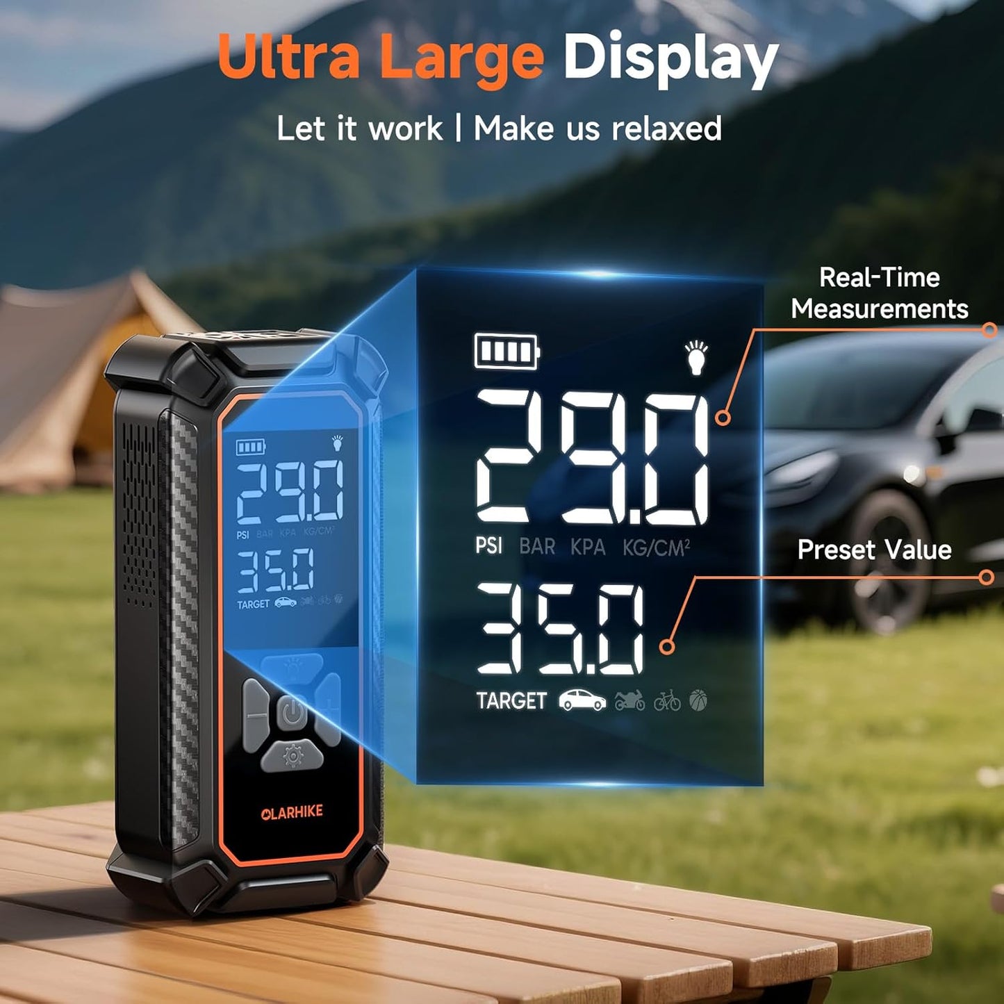 OlarHike Cordless Tire Inflator Portable Air Compressor, Air Pump for Car Tires, SUV, Pickup Truck, Bike, Motorcycle, Balls, Electric Pump with LED Light, Digital Pressure Gauge&Auto Shut-Off