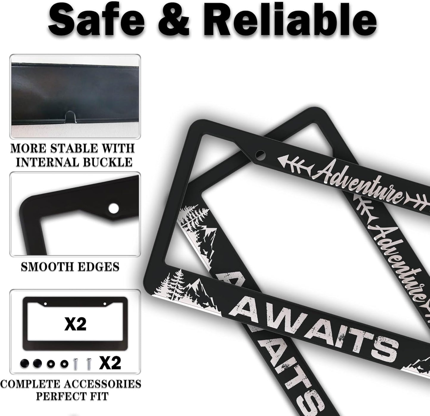 License Plate Frames for Men Black and White Car Plate Frames for Women Adventure Awaits Aluminum Metal Car Accessory 2 Pack with Screw Covers Set