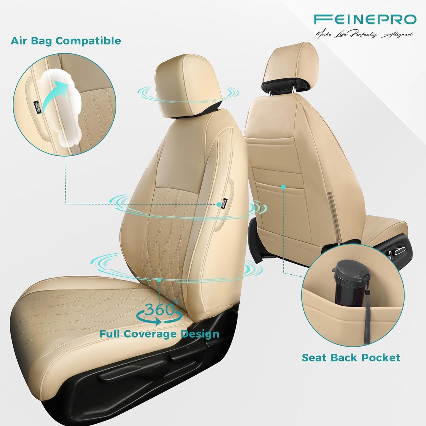 Seat Covers for Honda Civic Sedan LX 2016 2017 2018 2019 2020 2021, Faux Leather Car Seats Cover Full Set (Rear Row Solid & No Folding Backrest)-Beige