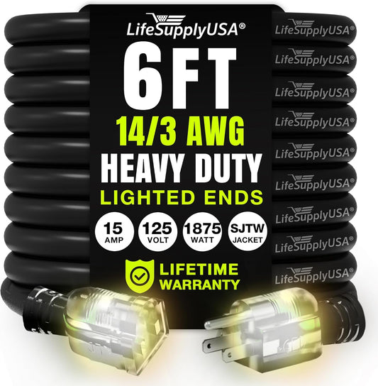 6ft Outdoor/Indoor Extension Cord 14/3 Gauge Heavy Duty 3 Prong SJTW, Waterproof, Flexible Cold-Resistant Long Power Cord,15A 125V 1875W, Black by LifeSupplyUSA