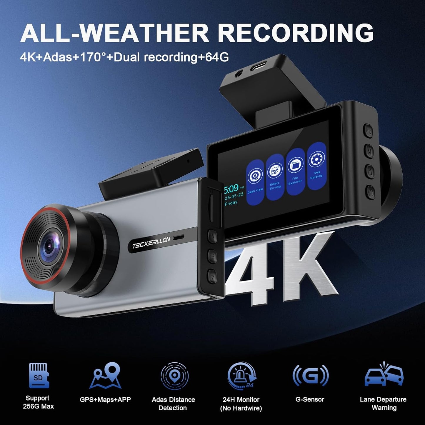 Dash Cam, 4K Dash Cam Front and Rear with ADAS, 170°/150° Wide View, Starlight Night Vision, GPS, WDR, G-Sensor, App Support, 24H Parking Mode, 64GB Card Included