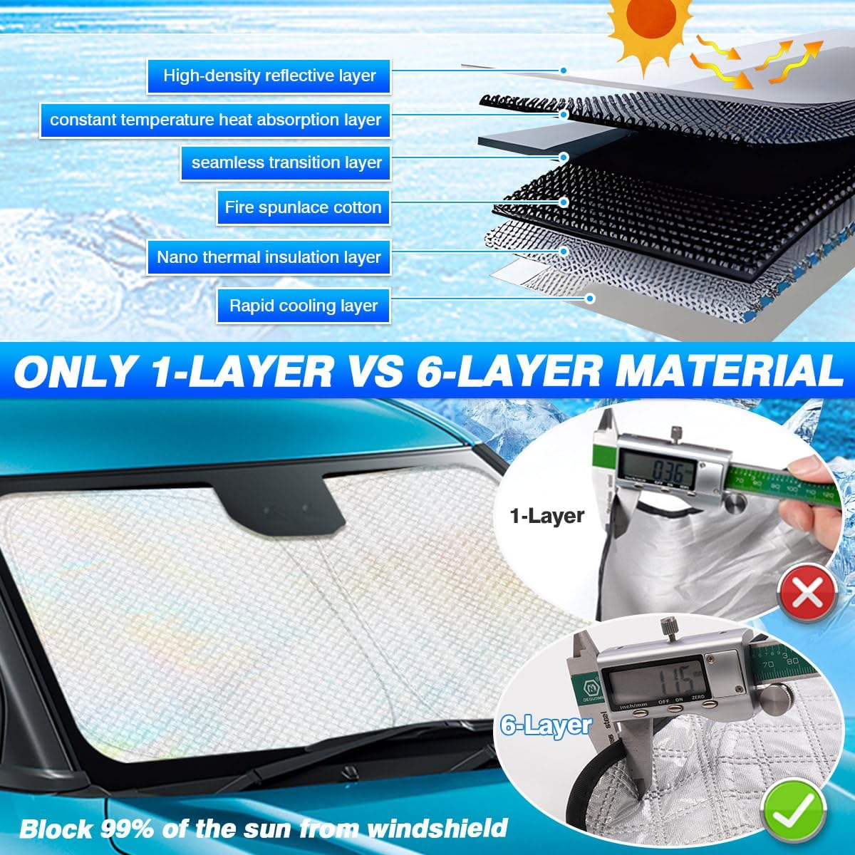 Windshield Sun Shade for Mazda CX-5 2017-2025 2026 CX5 Accessories Thicken 6-Layer Front Window Sunshade Cover Sun Visor Protector Foldable Block UV Rays Keep Vehicle Cool