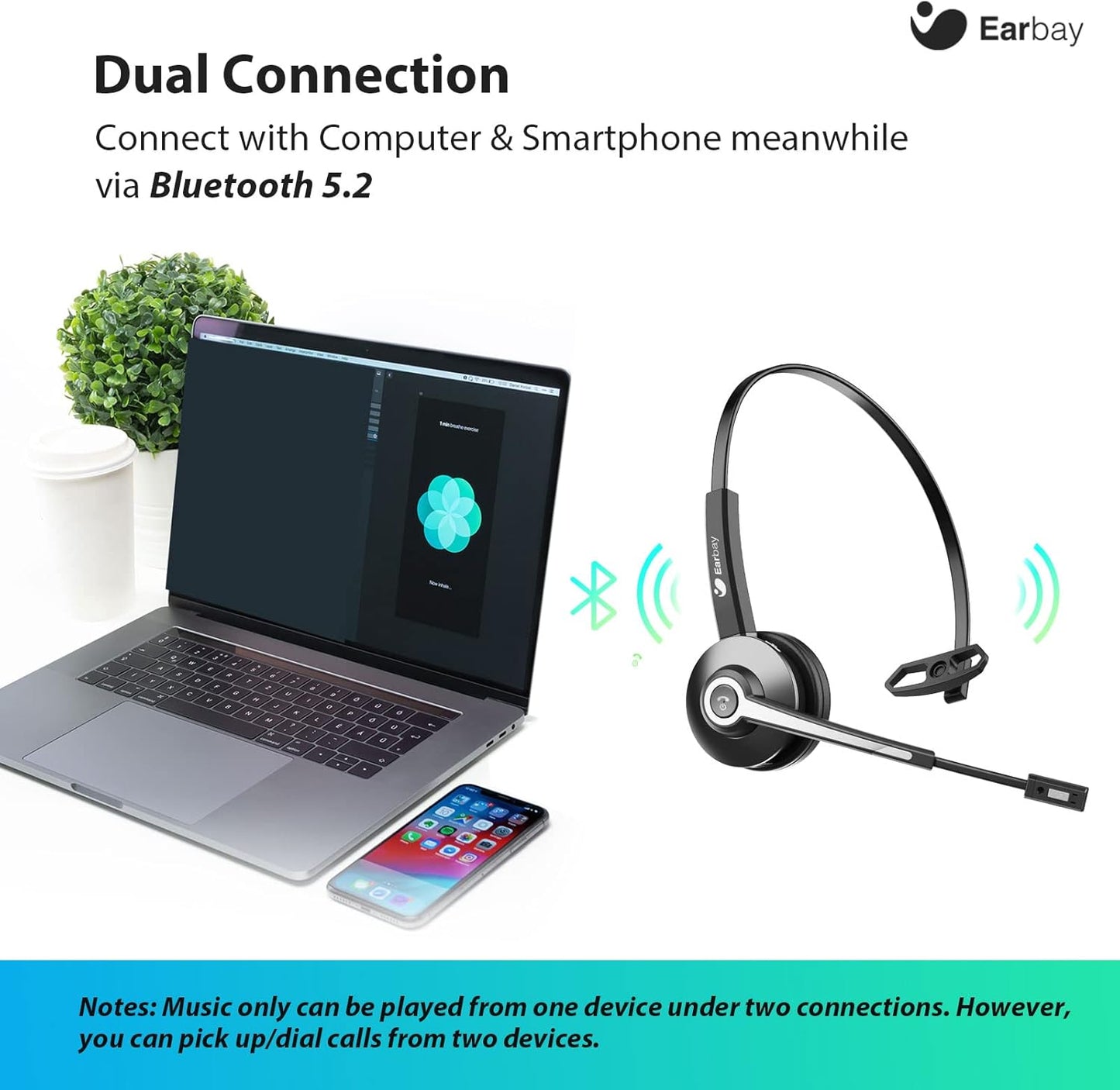 Earbay Trucker Bluetooth Headset, Wireless Headphones with Mic Mute & USB Dongle, Wireless Headset with Microphone Noise Canceling & Charing Base for Work/PC Computer/Phones/Office/Meeting