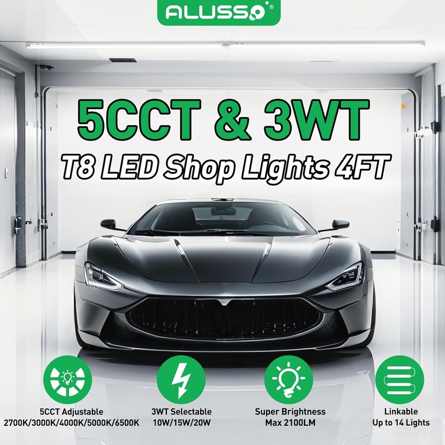 ALUSSO® 4FT LED Shop Lights with 5CCT Selectable for Garage Workshop,2700K/3000K/4000K/5000K/6500K,2100LM,T8 Adjustable Integrated Single Fixture,Corded Electric with ON/Off Switch,10 Pack (T8)