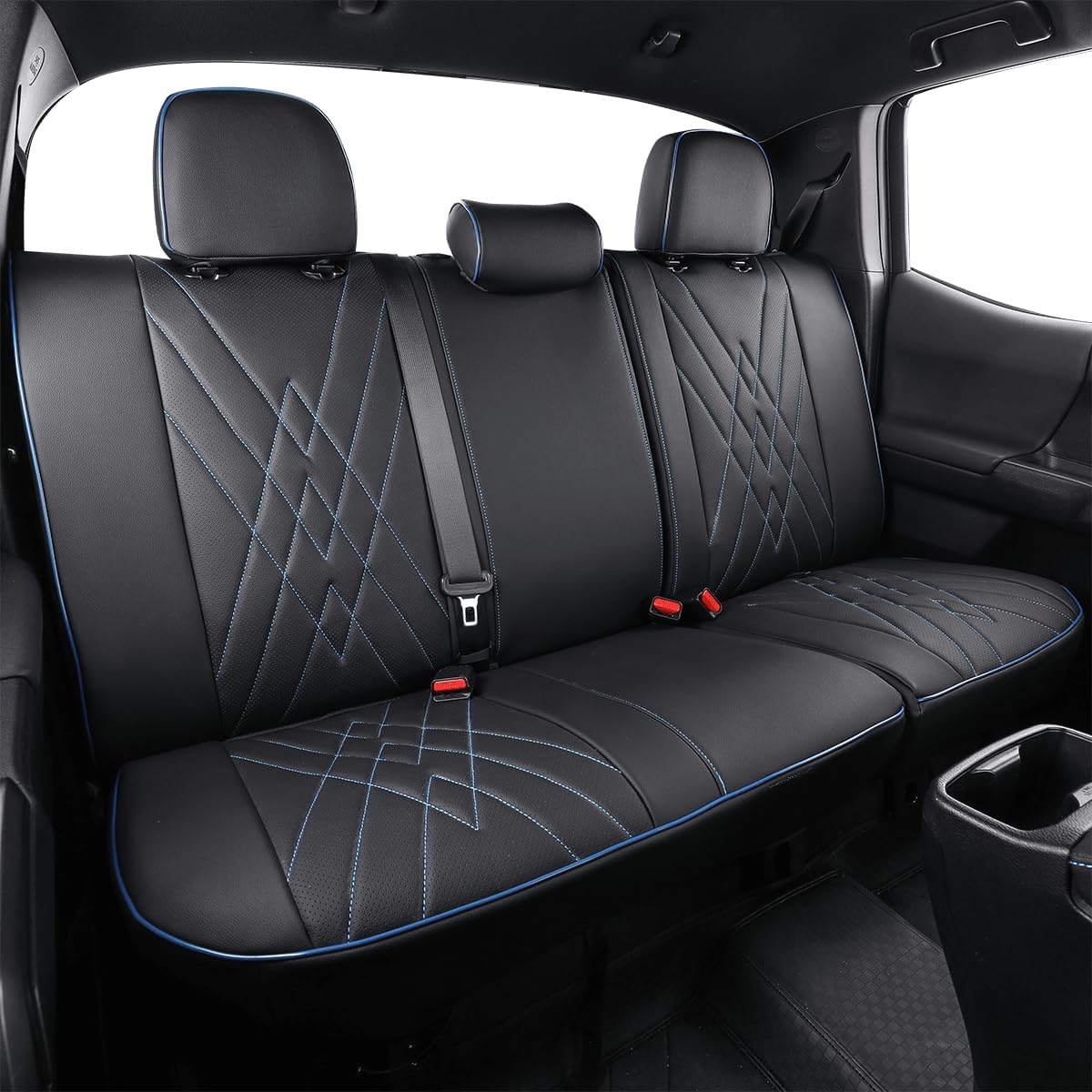 EKR Tacoma Back Seat Covers Custom for Select Toyota Tacoma (Hybrid) 2024 2025 Double cab TRD Sport,TRD Off-Road,Limited,Trailhunter- Second Row Only,Leather (Black with Blue Trim)