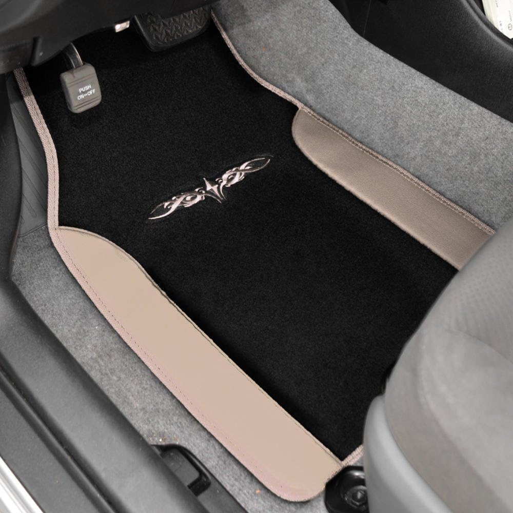 BDK carXS Fresh Two-Tone Carpet Floor Mats, Tribal Tattoo Design with Vinyl Trim for Car Sedan Truck SUV, Front & Rear Set of 4, Beige