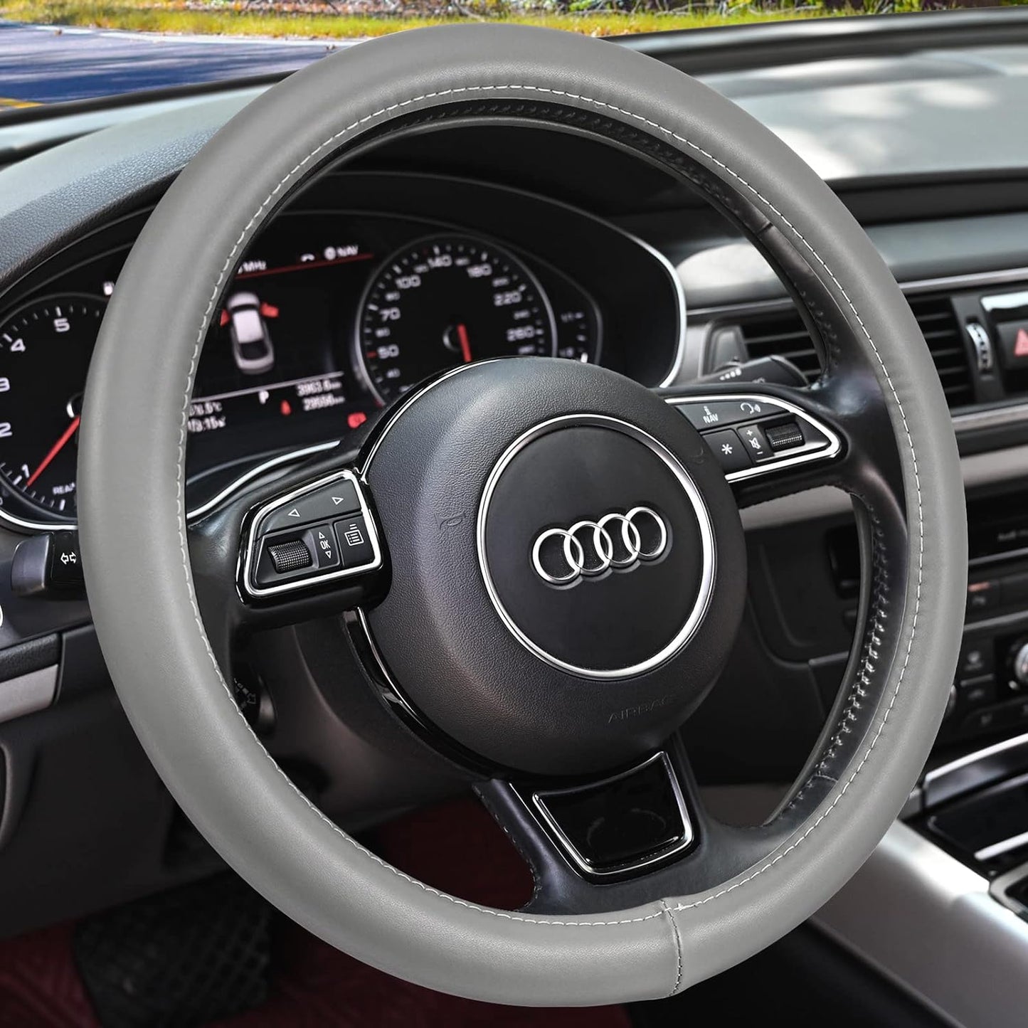 Haokay Heavy Duty Pure Cowhide Steering Wheel Cover SUV Car, Gray Genuine Leather Steering Wheel Cover Men Women Universal 14.5 to 15 Inch