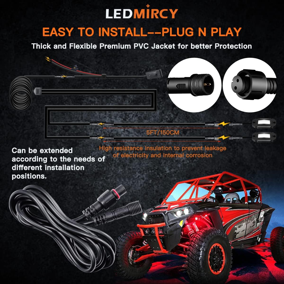 LED Rock Lights Extension Cable Wire Cord 2Pin Waterproof 4PCS 5ft 22AWG with Male to Female Connectors 11mm Nut Size for Wheel Lights Spot Flood Light Driving Fog Light for Truck