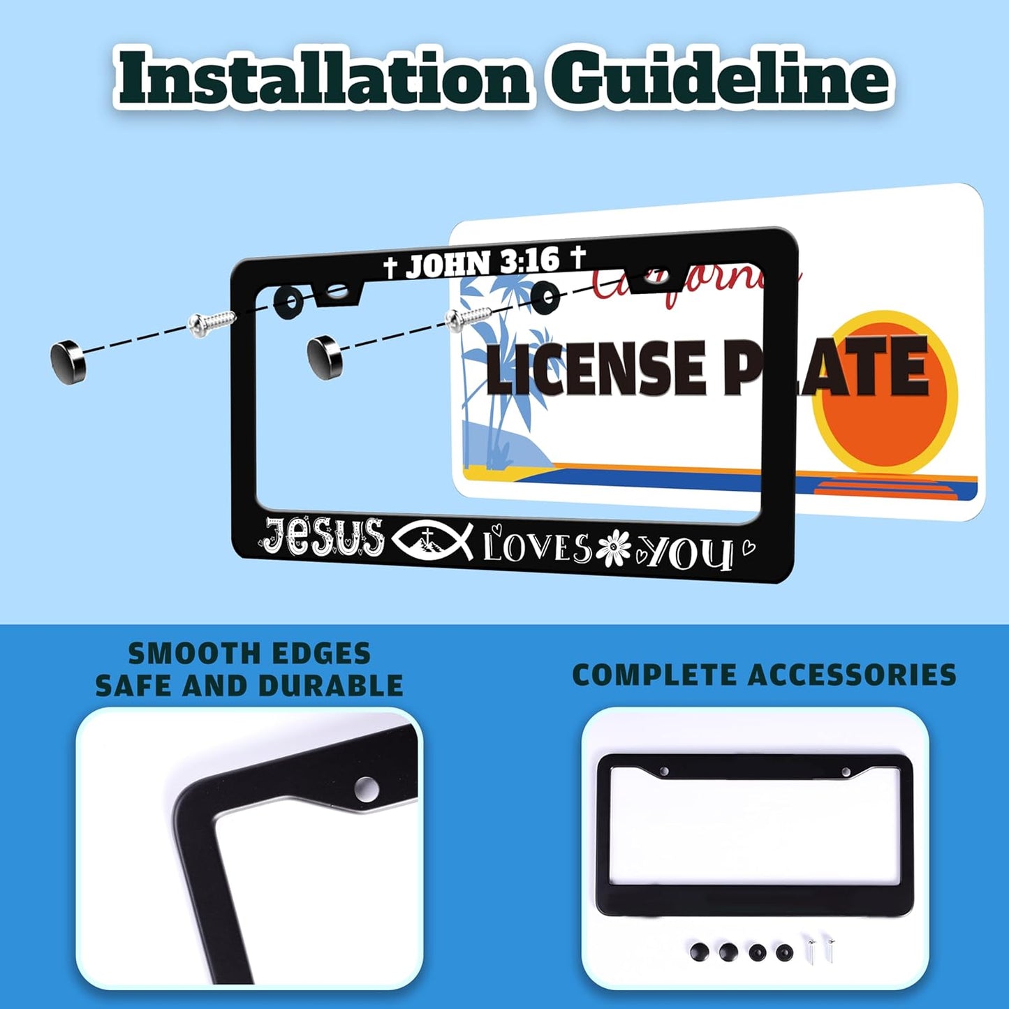 John 3:16 License Plate Frame Jesus Loves You License Plate Holder Christian Cross for Front or Rear Car Tags Stainless Steel Funny Car Decoration with Screws 6.3 X 12.2 in