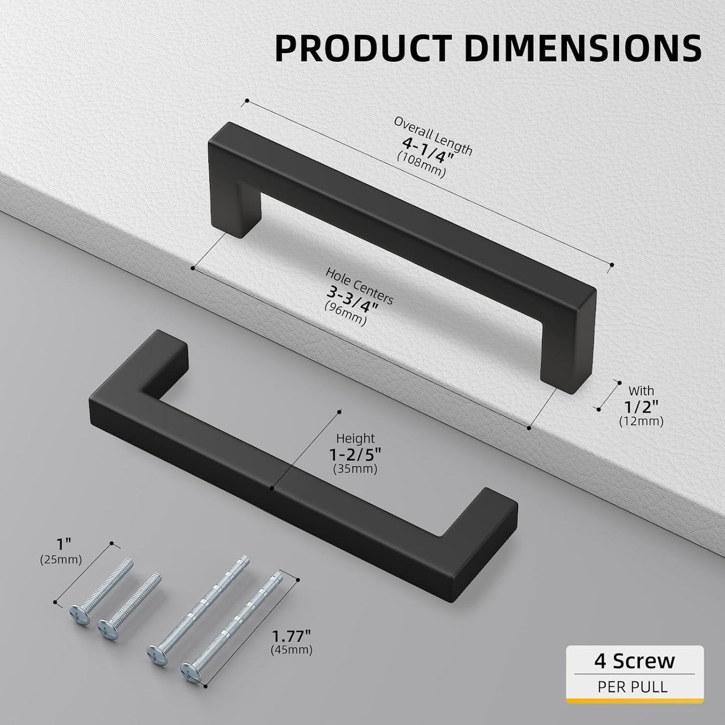 Goldenwarm 1 Pack Black Square Bar Cabinet Pull Drawer Handle Stainless Steel Modern Hardware for Kitchen and Bathroom Cabinets Cupboard,Center to Center 3-3/4in (96mm)