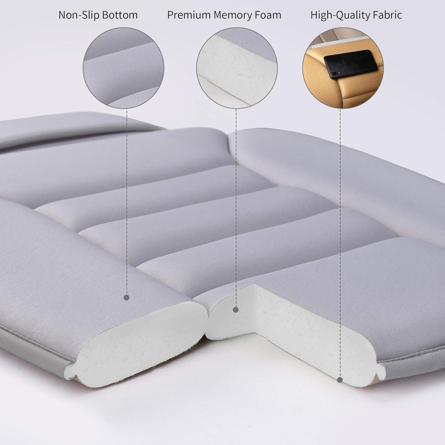 Premium Car Seat Cushion, Driver Seat Cushion with Comfort Memory Foam & Non-Slip Rubber Bottom, Car Seat Pad Works with 95% of Vehicles and Office Chair or Home (Gray)