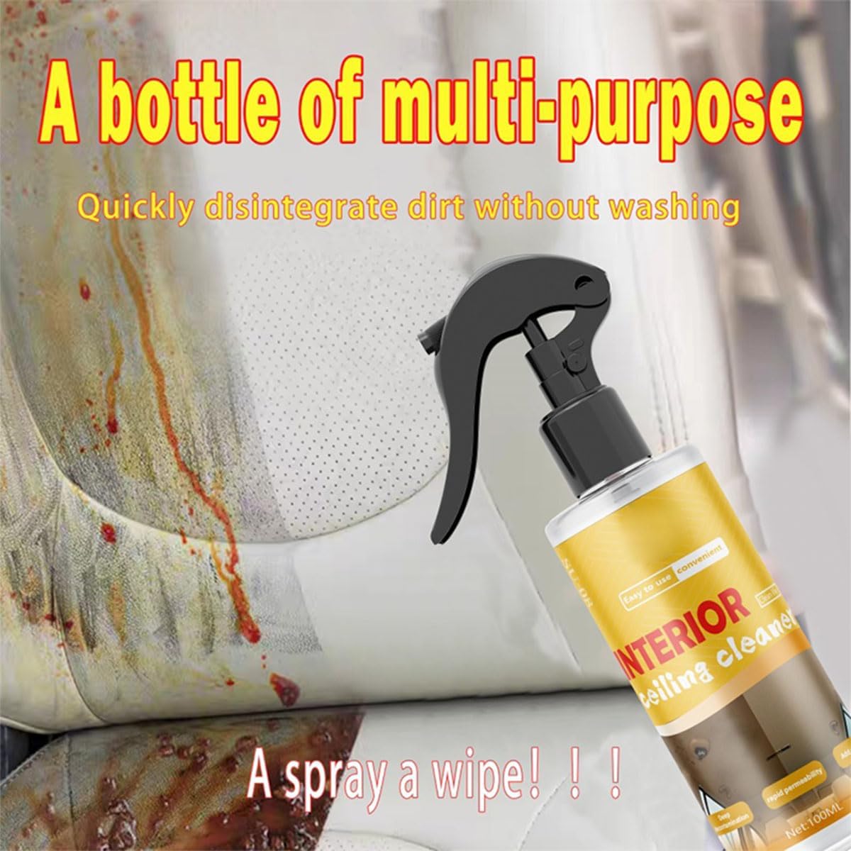 Multi-Purpose Car Interior Fabric Clean Polish Spray,Applies To Vehicle Seat、Upholstery、Headliner Cleaner,Vehicle Interior Polish Spray (2PCS)