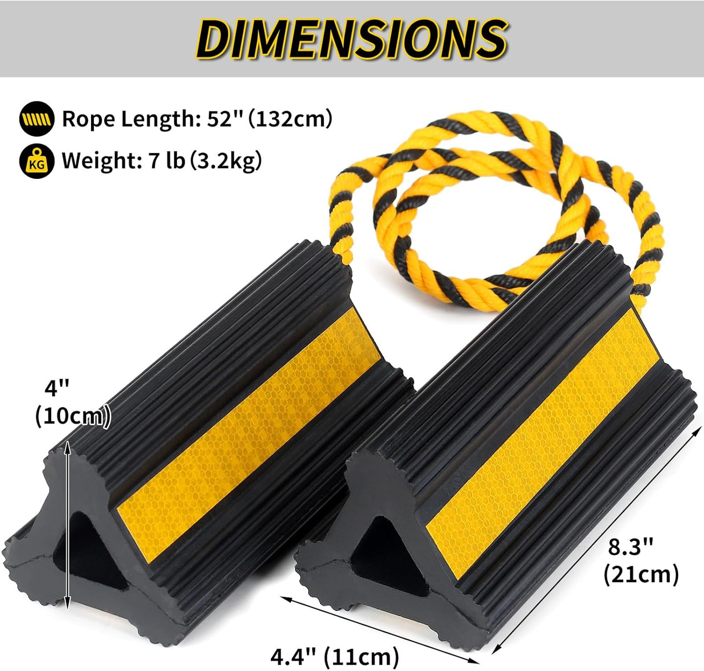 Heavy Duty Rubber Wheel Chocks, 1 Pair, Non-Slip Tire Stopper Blocks with Rope, for RV Camper Travel Trailers Motorhome Aircraft Car Truck