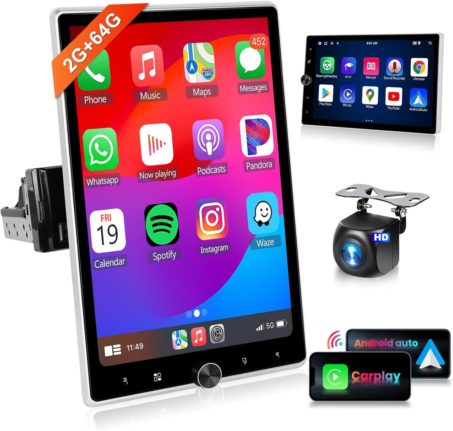 Motorized 2G+64G Single Din Radio with Wireless Carplay -10.4inch HD Vertical Rotatable Touch Screen- Wireless Android Auto FM/RDS EQ GPS Bluetooth with WiFi 50UIs USB MirrorLink Backup Camera