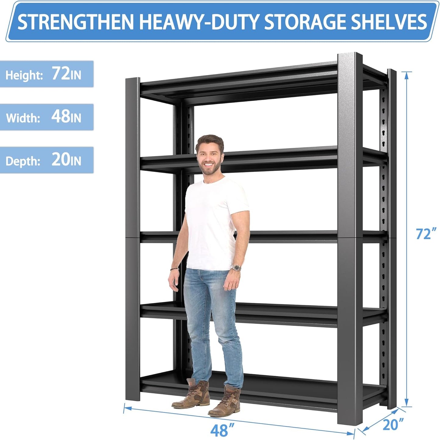 5-Tier Heavy Duty Garage Shelving Unit, 3000 LBS Capacity Metal Storage Rack 72" H x 48" W x 20" D, Adjustable Steel Shelves for Garage, Warehouse, Basement, Pantry, Workshop.1 Pack