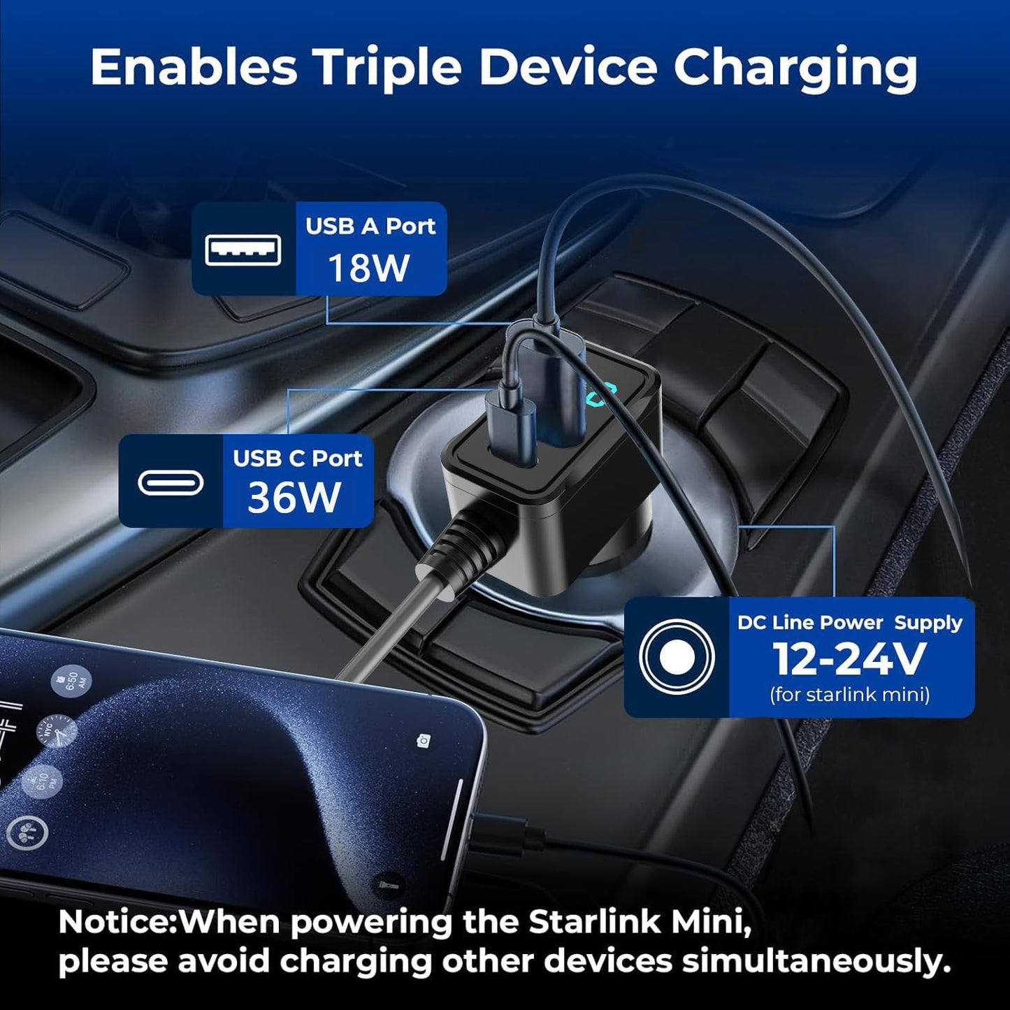 3 in 1 Starlink Mini Cable 10FT, Nolansend Starlink Mini Car Charger DC Power Cable+Cigarette Lighter Adapter 12V-48V with Digital Display, Durable USB C PD 36W/USB A 18W Ports for Trucks and Cars