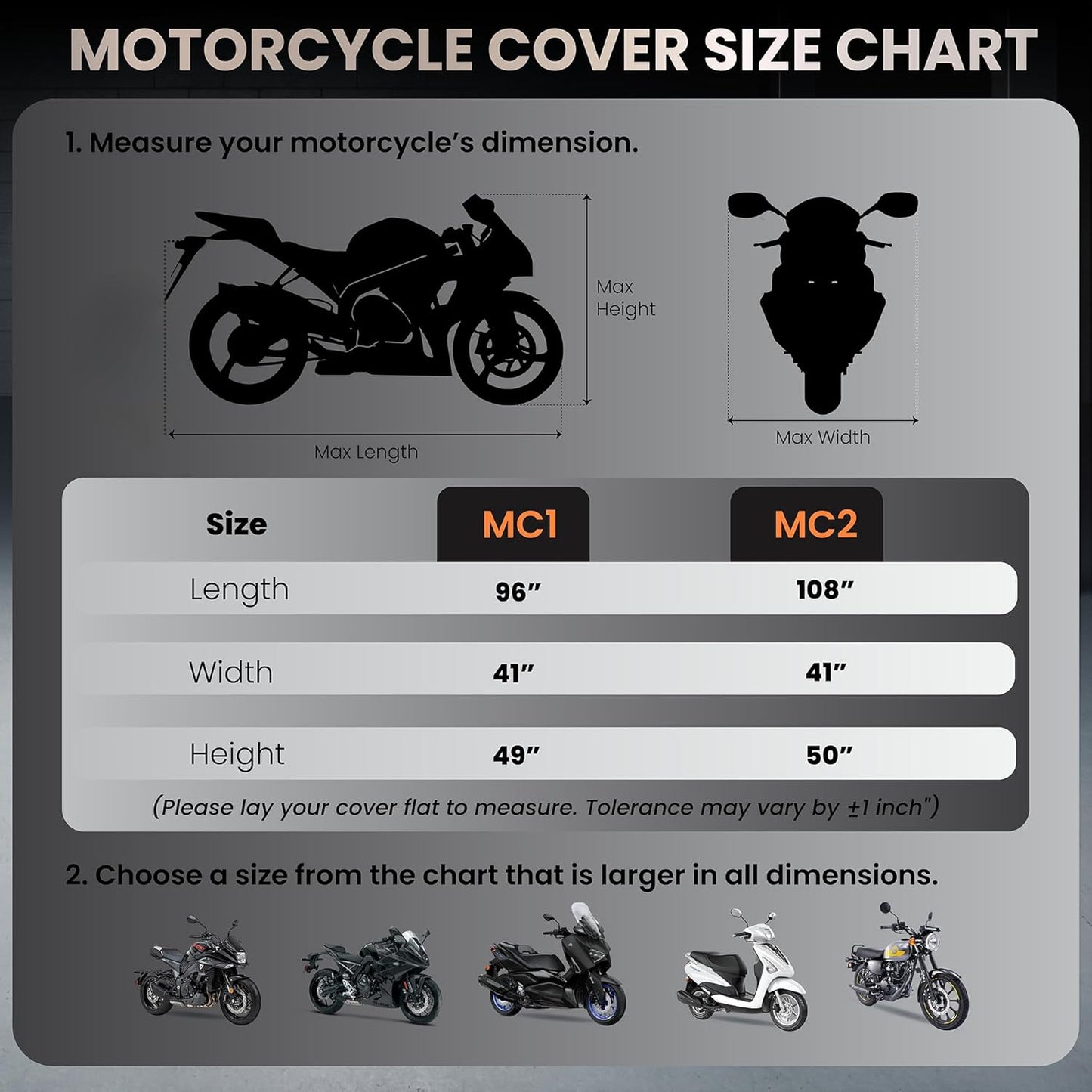 Motorcycle Cover Waterproof Outdoor with Cotton Lining, All Weather Protection from Rain, Dust & Snow - 300D Heavy Duty, Lock Holes, Storage Bag, Universal Fits up to 96" Motorcycles - MC1
