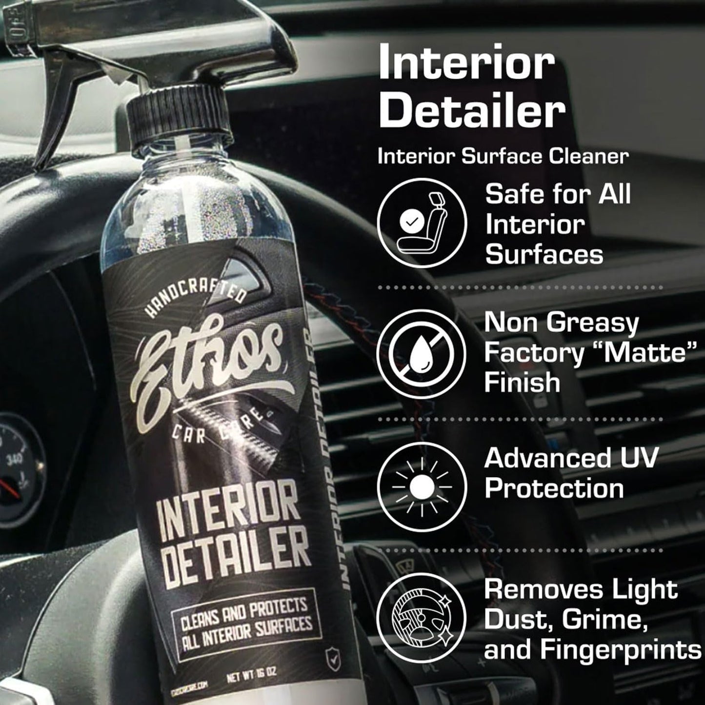 Ethos Interior Detailer Spray - Interior Car Cleaner Easily Cleans & Protects All Interior Surfaces | Non Greasy Satin Finish with UV Protection & Odor Neutralizing Agents | Coconut Scented