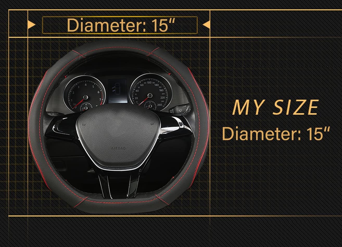 D Shape Car Steering Wheel Cover, Universal 15 inch Stitching Color Anti-Slip Steering Wheel Protector, Red and Black Style (Compact Packaging D Shape)