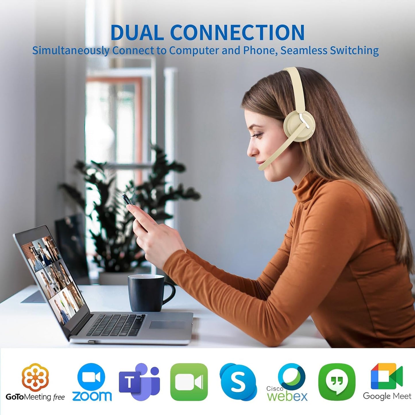 Wireless Headset with Mic, 2.4GHz Bluetooth Headset with AI Noise Cancelling Microphone & Charging Base, Wireless Headphones with USB Dongle for PC (Apricot, L)