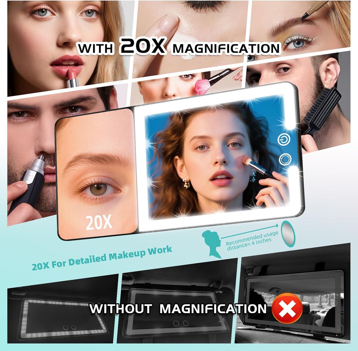 Car Sun Visor Vanity Mirror with Lights & 20X Magnification, Led Light up Makeup Mirror for Sun Visor, Rechargeable 3 Colors Dimming Light, Universal Accessories for Car SUV Truck