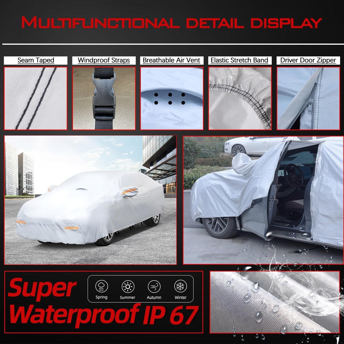 30 Layers Heavy Duty Car Cover for Automobiles All Weather Waterproof, Outdoor Snowproof UV Protection Windproof, Door Zipper, Soft Cotton Universal Car Covers (Silver, Fit Sedans 201"-210")