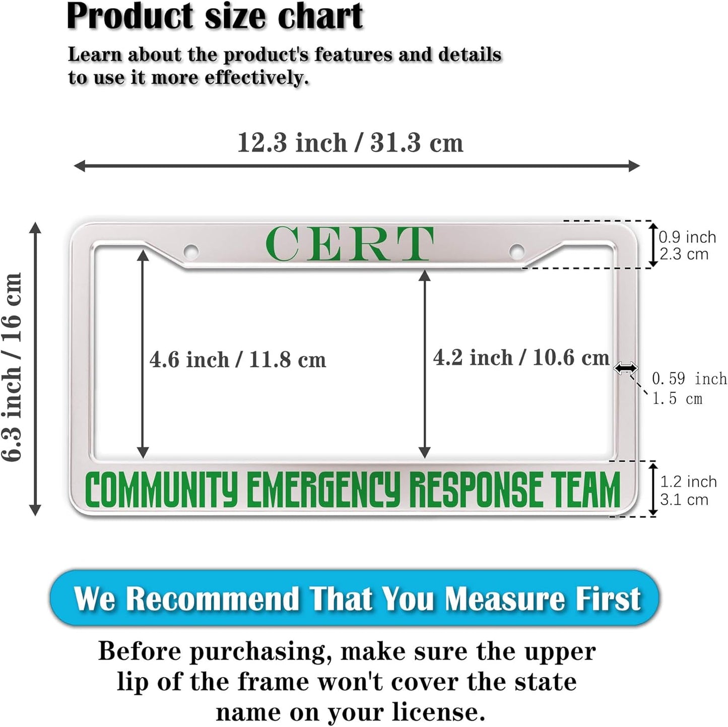 License Plate Frames Black Green Automotive Exterior Accessories Cert Community Emergency Response Team Aluminum Metal Car Accessory 2 Pack with Screw Covers Set