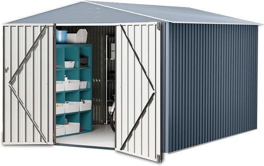 8X12FT Outdoor Metal Storage Shed, Lockable Weatherproof Garden Shed for Tools & Equipment, Durable Galvanized Steel with Sloping Roof & Ventilation, Ideal for Backyard, Patio & Garage Storage, Grey