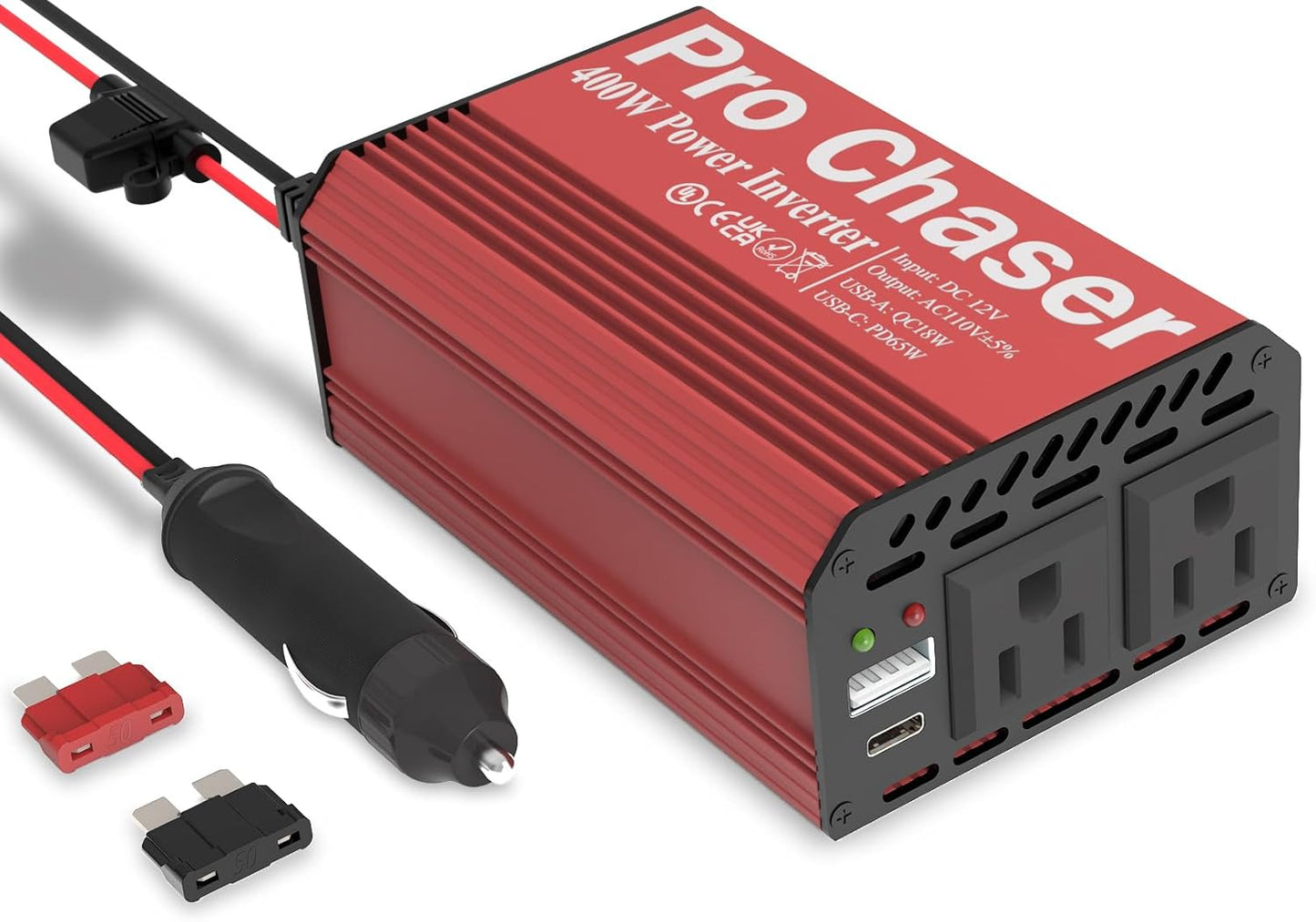 Pro Chaser 400W Vehicle Power Inverter - 12V DC to 110V AC Car Converter, Dual AC Outlets, USB-A QC 18W & USB-C PD 65W Ports, Road Trip Charging Companion with Replaceable in-Line Fuse