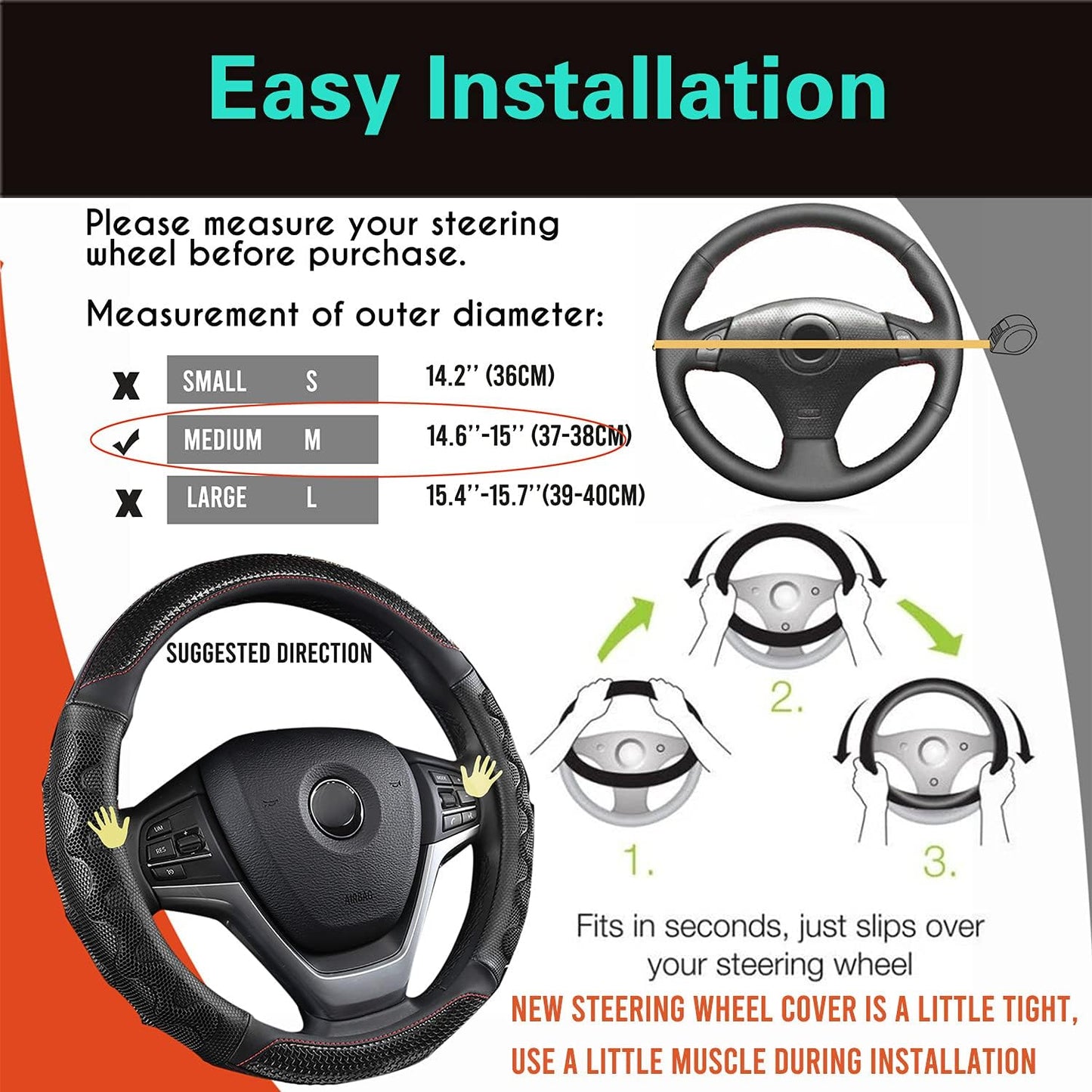 PINCTROT Steering Wheel Cover Great Grip with 3D Honeycomb Anti-Slip Design, Universal 14.5-15 Inch (Black/Red Stitch)