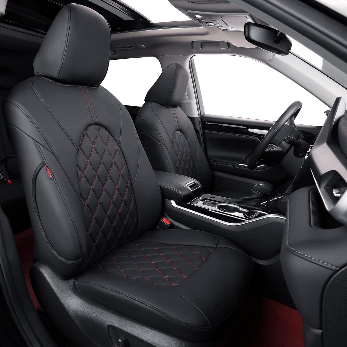 coverdream Custom Fit Camry Car Seat Covers for 2025 Toyota Camry XLE,XSE,Full Coverage Waterproof Leather Seat Protector(Full Set,Black/Red)