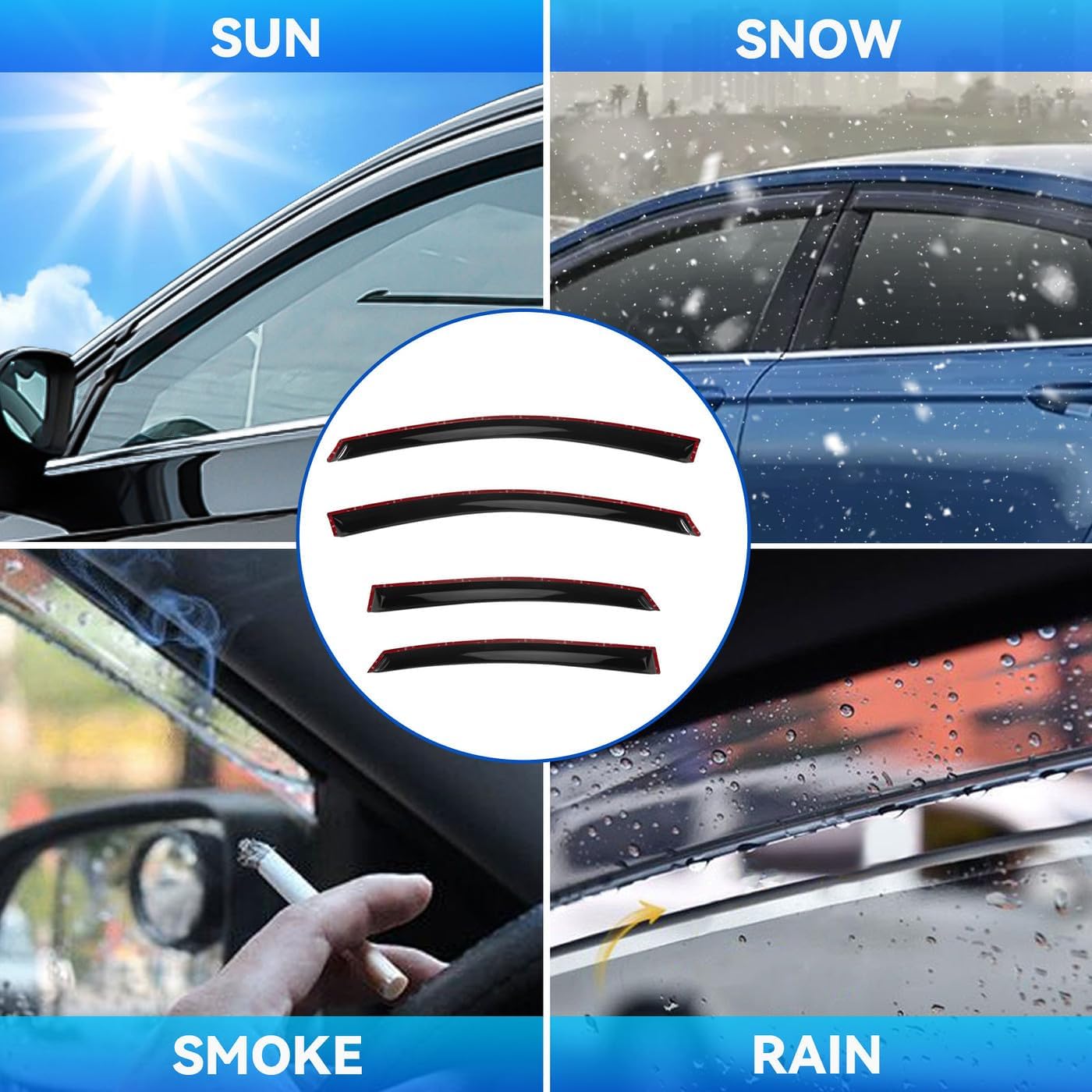 4pcs Window Visors Compatible with 2015-2019 Hyundai Sonata Front+Rear Smoke Tint Sun/Rain Guard Outside Mount Tape-On Vent 2016 2017 2018