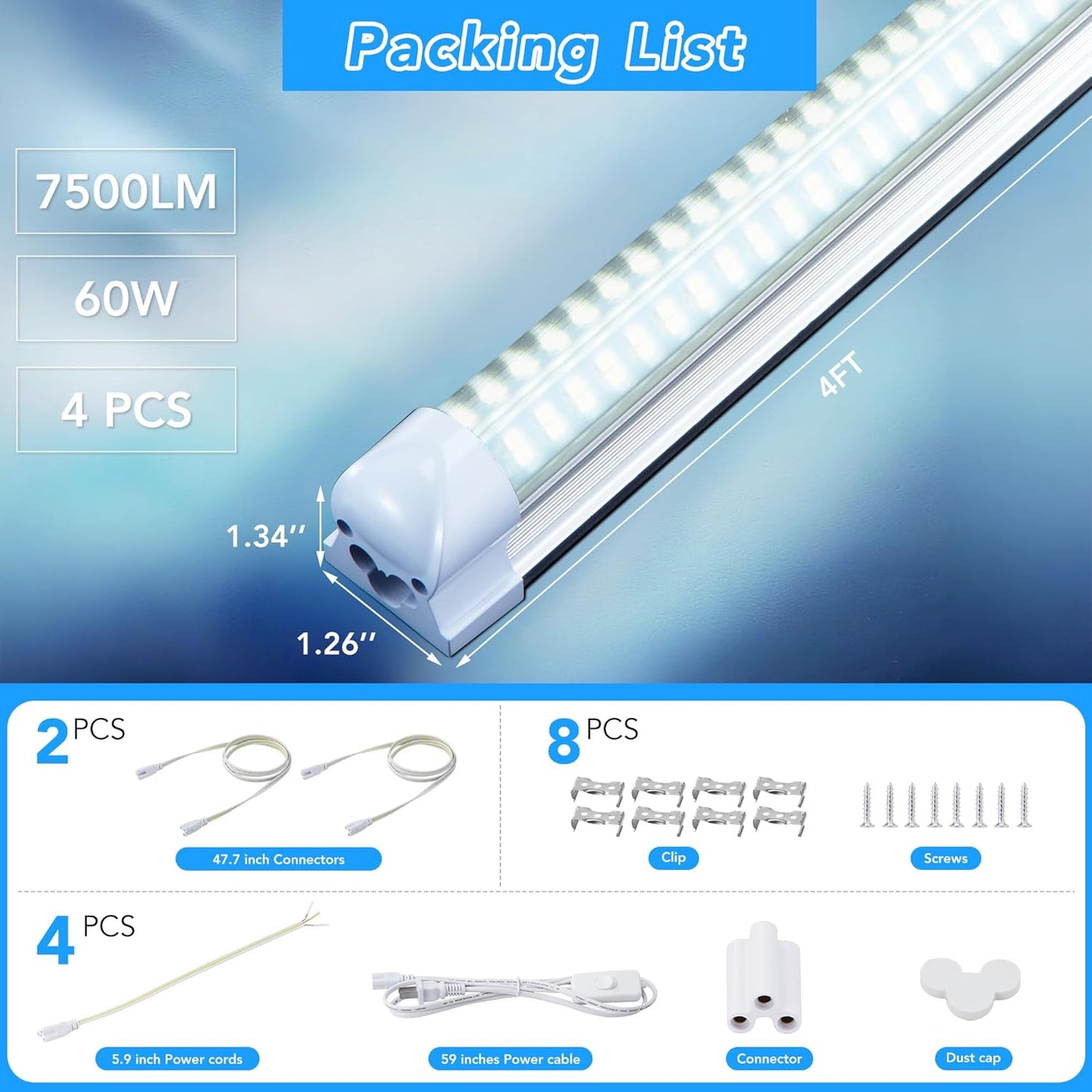 T8 LED Shop Lights, 4 Pack Garage Light 4FT 60W 9600LM 6000K, Work Lights Ceiling LED, Linkable Lighting, Plug & Play Energy-Saving for Warehouse Basement Gym Room(V4)