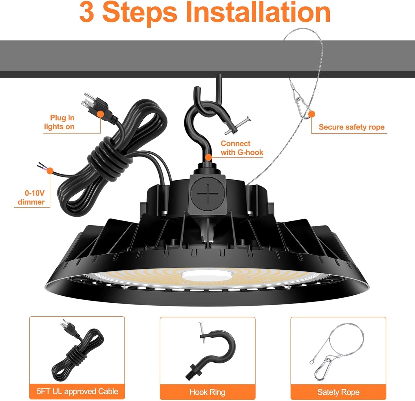 6Pack LED High Bay Lights, 240W UFO High Bay LED Shop Lights, 36000LM Adjustable CCT(5700K 5000K 4500K) & Power(240W 200W 150W), 0-10V Dimmable, 5' Cable Plug, IP65 Waterproof, ETL & DLC Listed