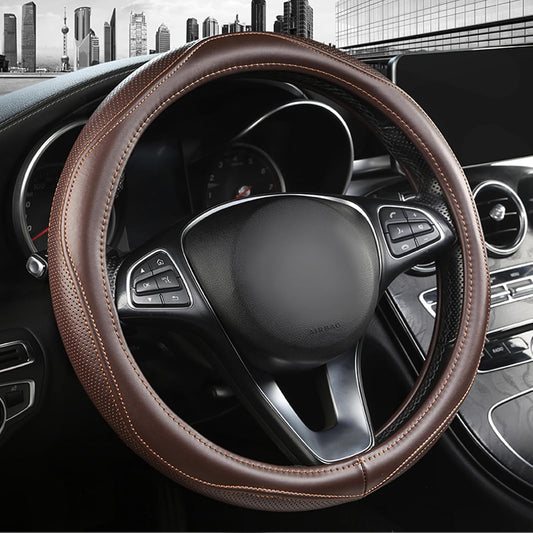 High-Grade Brown Genuine Leather Steering Wheel Cover for Men Women，Real Cowhide Leather Steering Wheel Cover for Cars,Universal 14.5-15 inch Steering Wheels